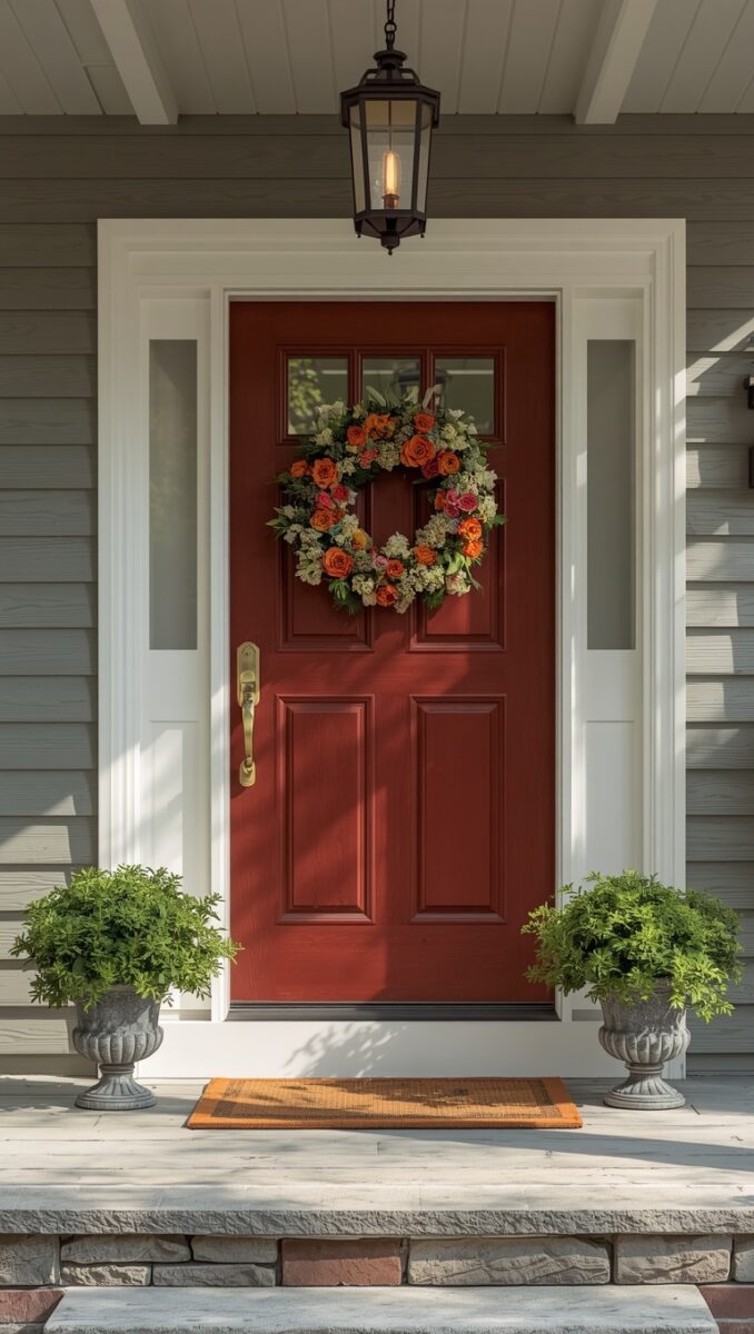Red front door with floral wreath, brass handle, flanking sidelights, potted plants, and hanging lantern on gray home