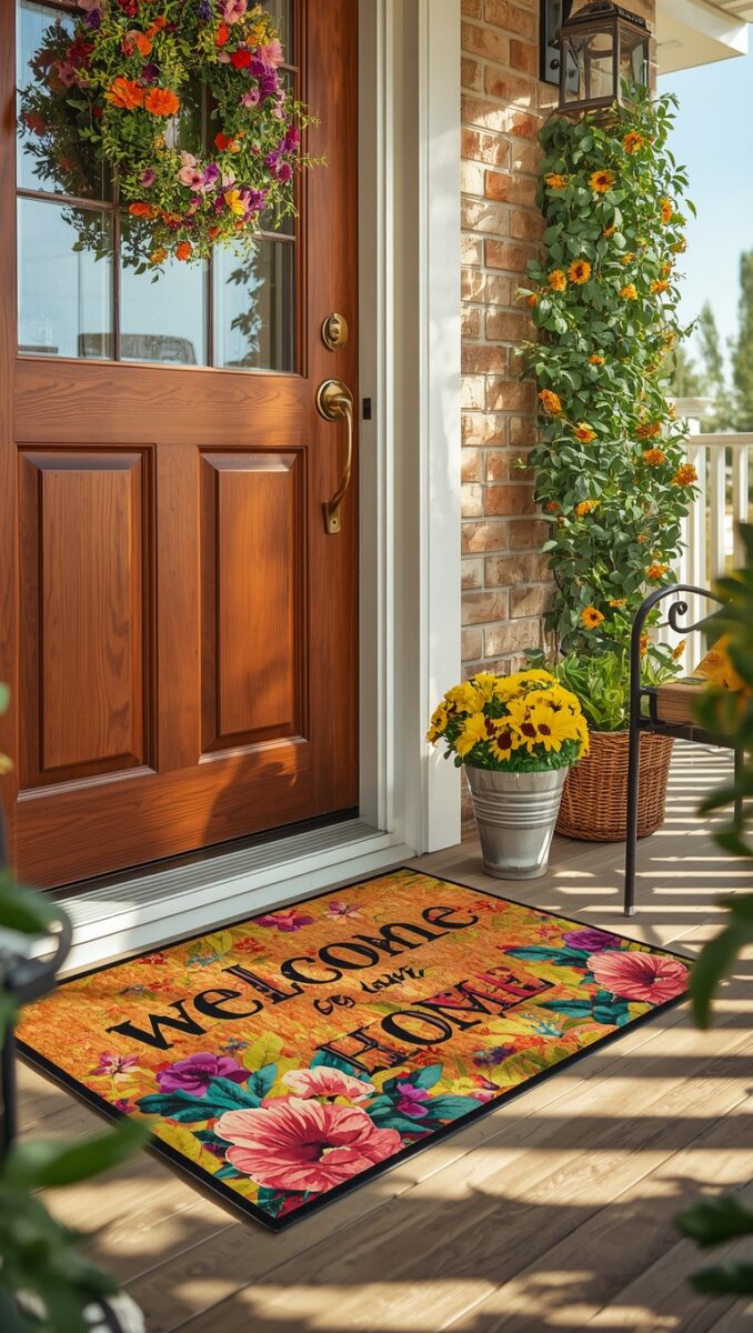Colorful 'Welcome to Our Home' floral doormat on a sunny front porch with wooden door and wreath