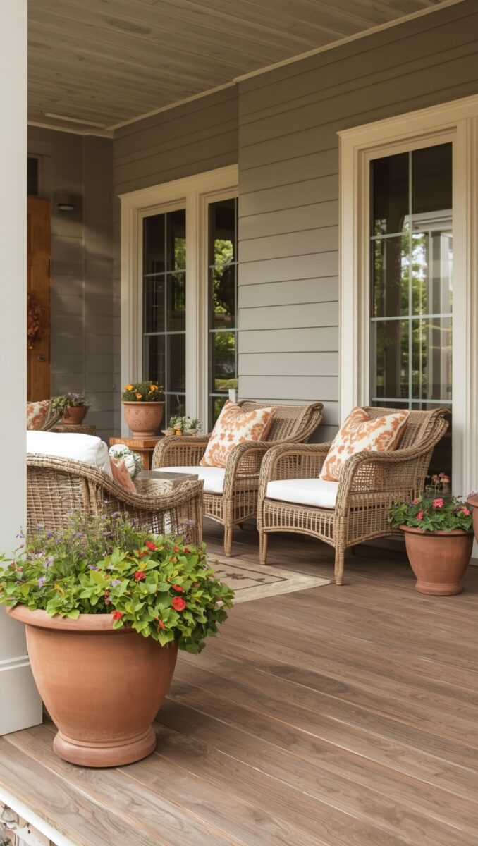 Cozy front porch with wicker furniture, white cushions, floral pillows, and terracotta planters with colorful flowers