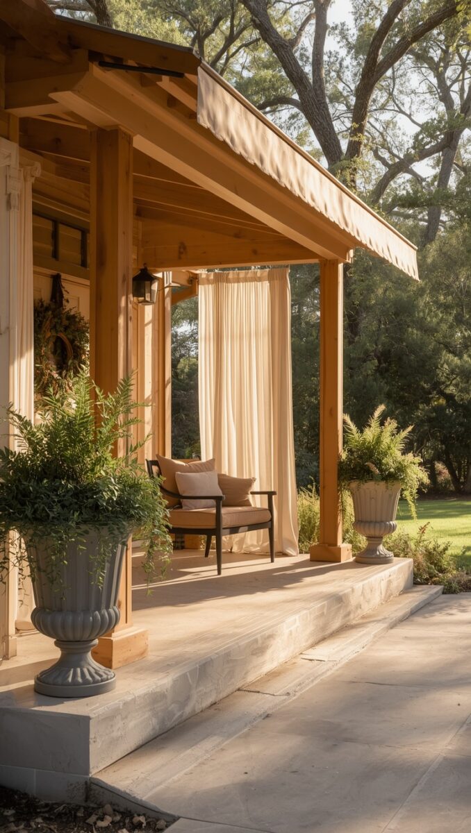 Elegant covered wooden porch with cream curtains, urn planters with ferns, cushioned chair, and stone steps surrounded by trees