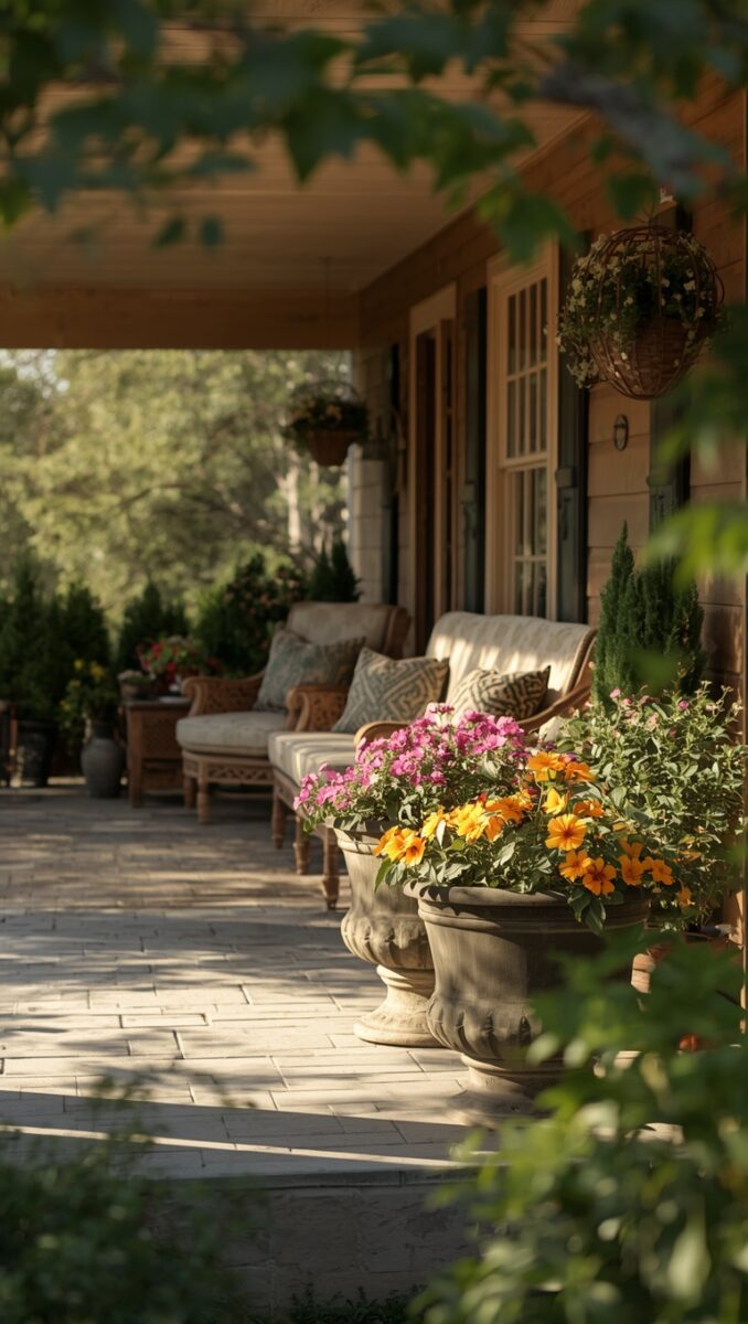 Elegant covered front porch with stone urns of colorful orange and pink flowers, wicker furniture, and lush greenery