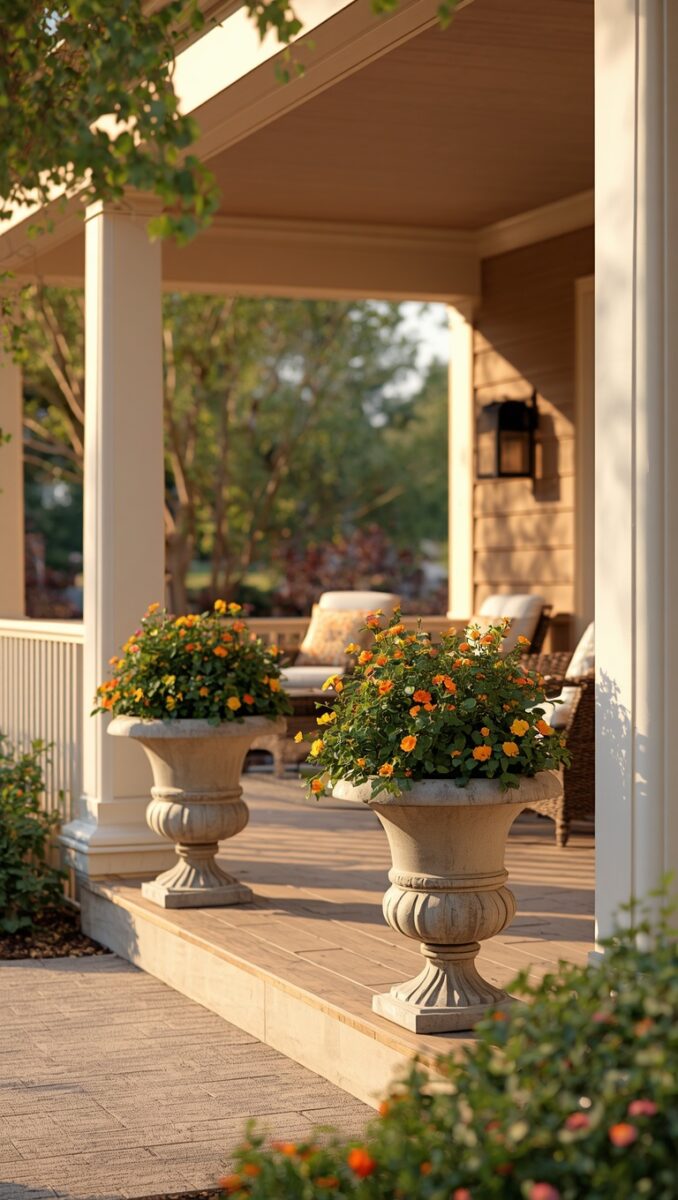 Two ornate stone urns with orange flowers on a covered front porch with white columns and wicker furniture