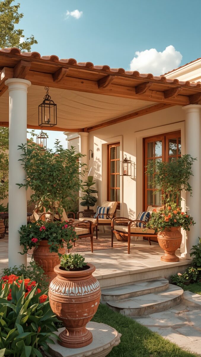 Mediterranean-style covered porch with white columns, terracotta pots, striped chairs, and hanging lanterns