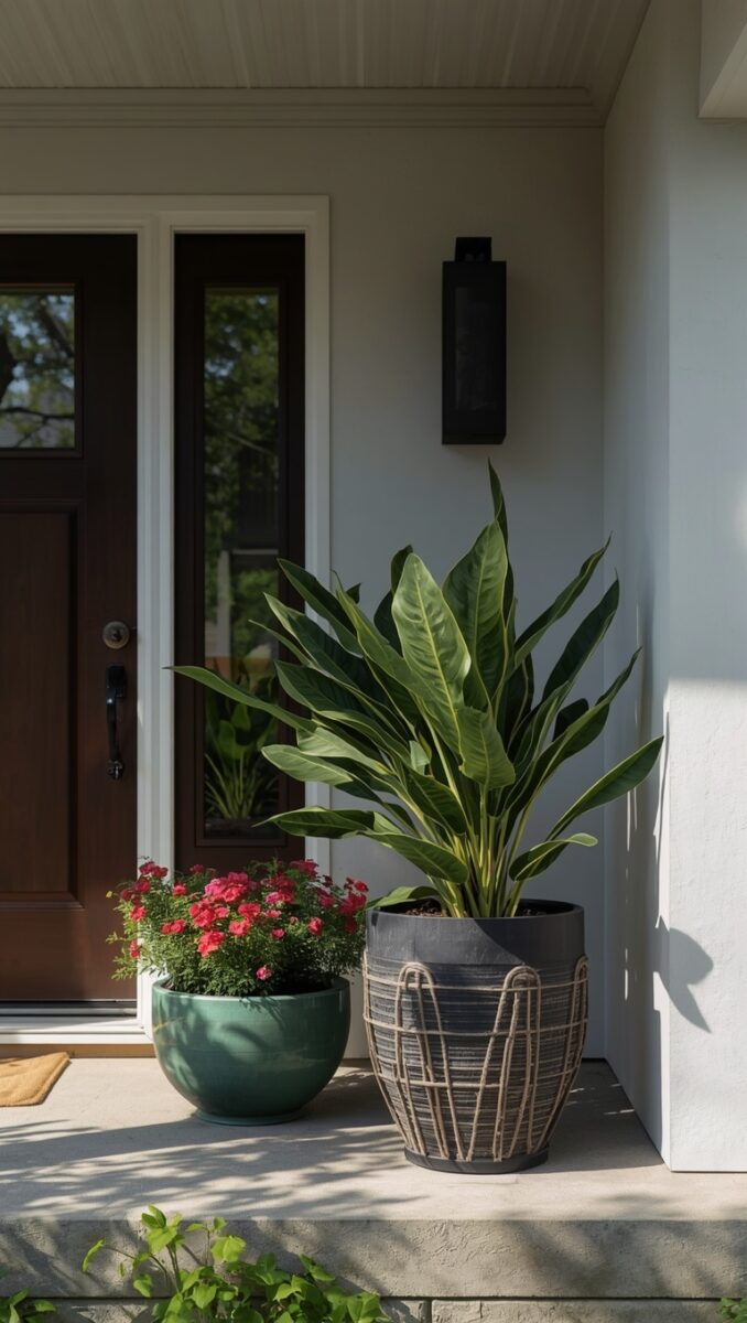 Front porch with dark wood door, teal bowl of red flowers, and large tropical plant in wicker basket planter