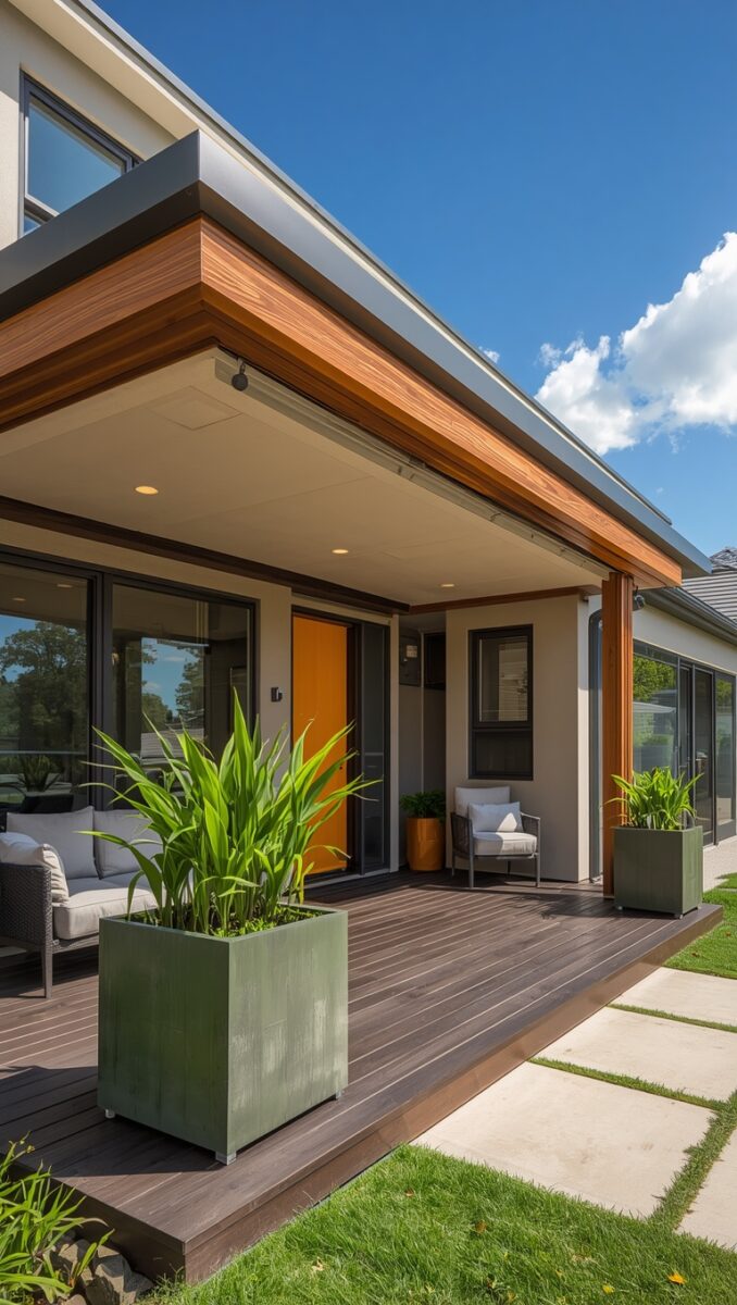 Modern home exterior with covered deck, wood-paneled roof, orange front door, and large green planters