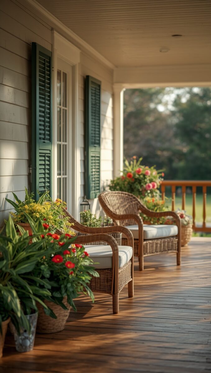 Charming farmhouse front porch with two wicker chairs, white cushions, colorful potted flowers, and green shutters