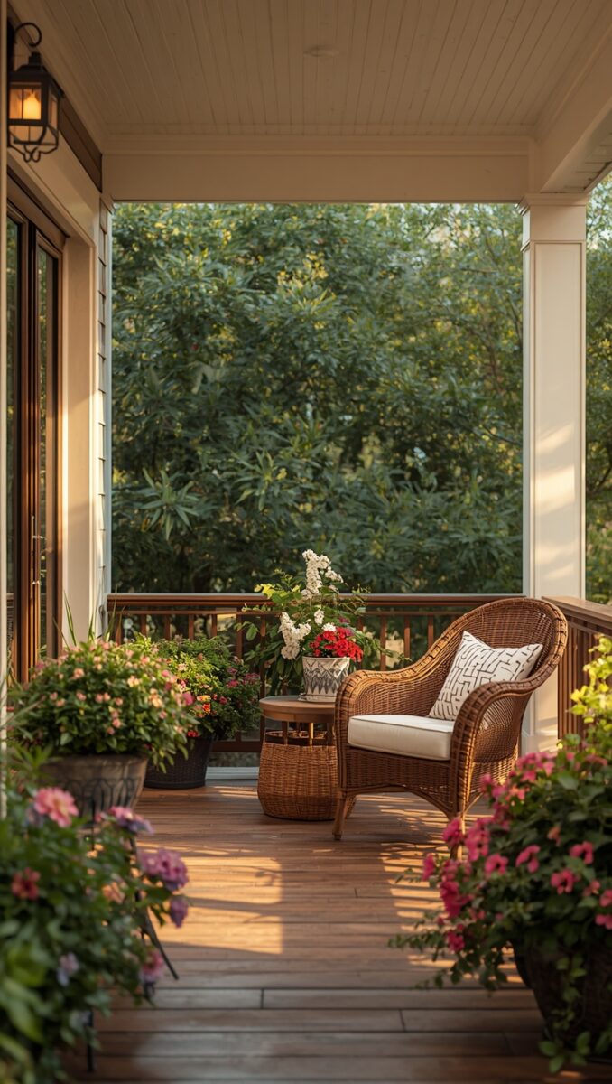Cozy covered porch with wicker chair, cushioned seat, wicker side table, and colorful potted flowers overlooking green trees