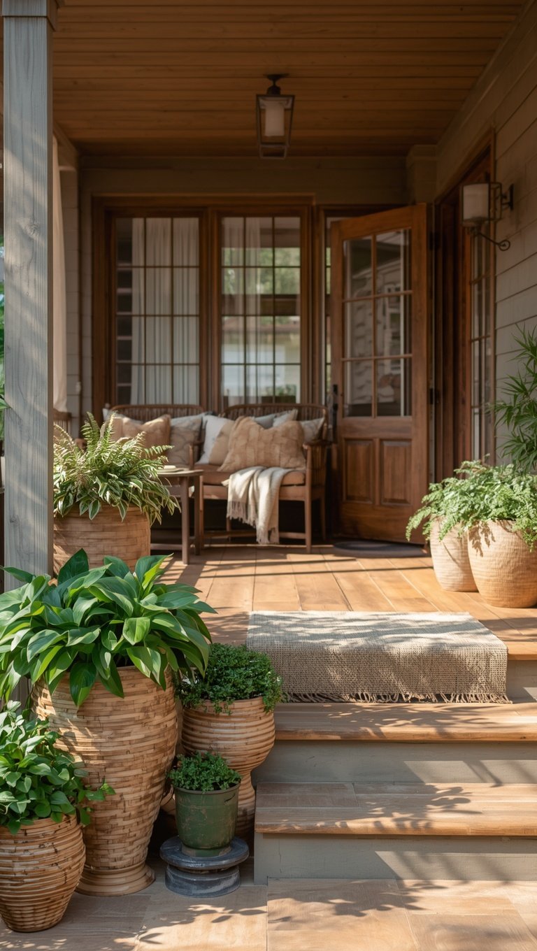 Cozy farmhouse front porch with wicker planters, lush green potted plants, wooden steps, and seating area with cushioned bench