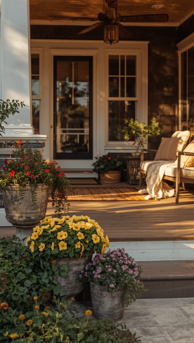 Cozy farmhouse front porch with yellow and red flowers in rustic pots, wooden deck, ceiling fan, and outdoor seating