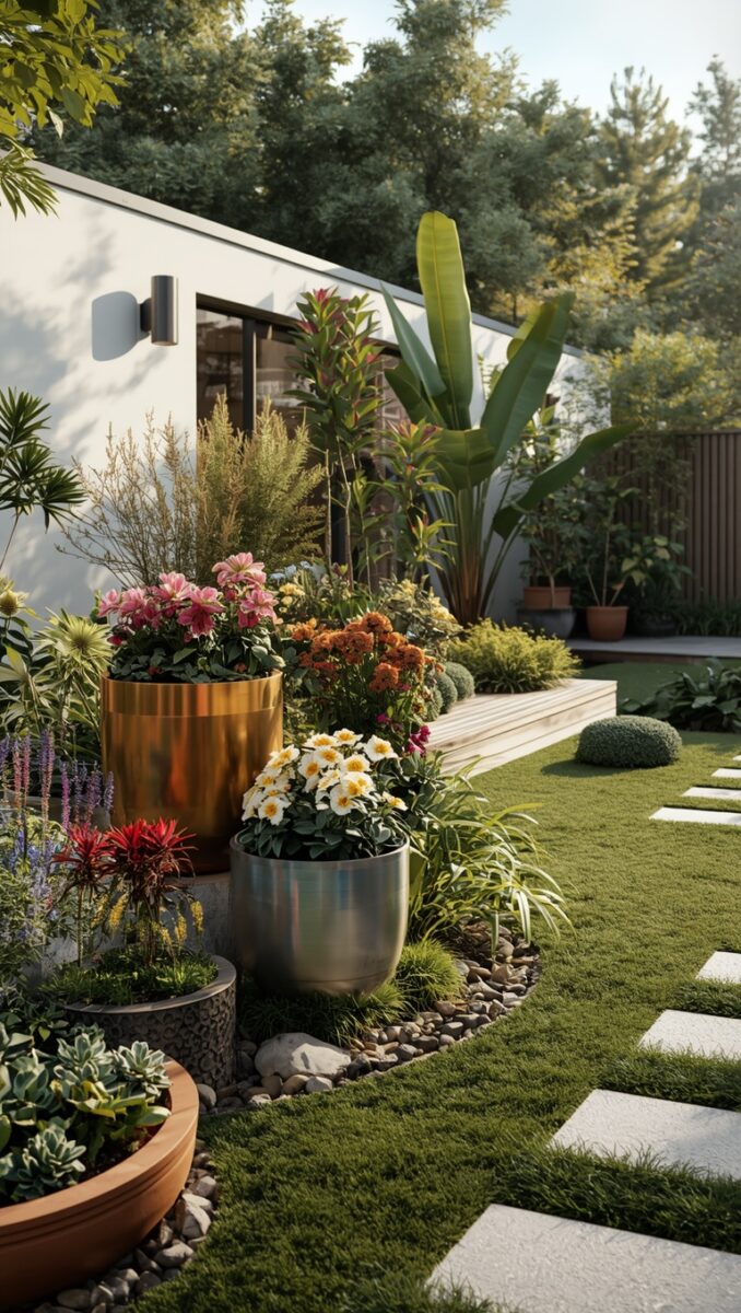 Modern backyard garden with colorful flower-filled metallic planters, lush greenery, and stepping stone pathway