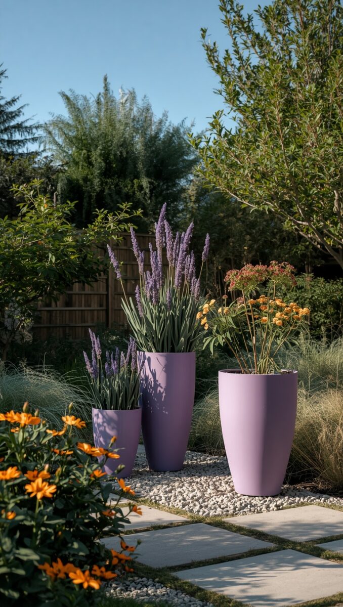 Three purple and lavender tall conical planters with lavender blooms on white gravel patio surrounded by lush garden
