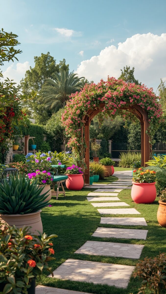 Colorful garden with wooden floral arch, stone pathway, vibrant potted plants, and lush greenery under blue sky