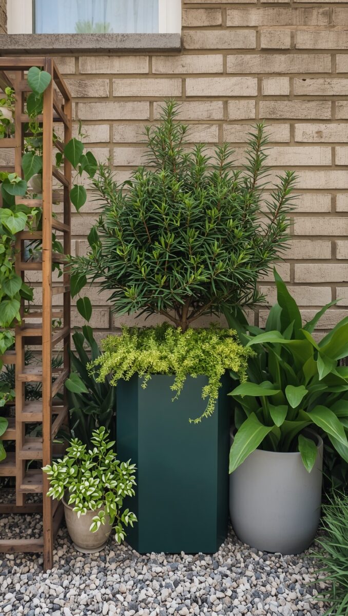 Dark green tall planter with evergreen shrub and trailing plants beside brick wall with wooden trellis and gray pot