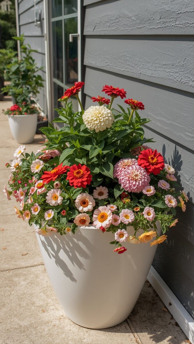 Large white planter pot overflowing with colorful zinnias and small daisies in red, pink, and white against gray house siding