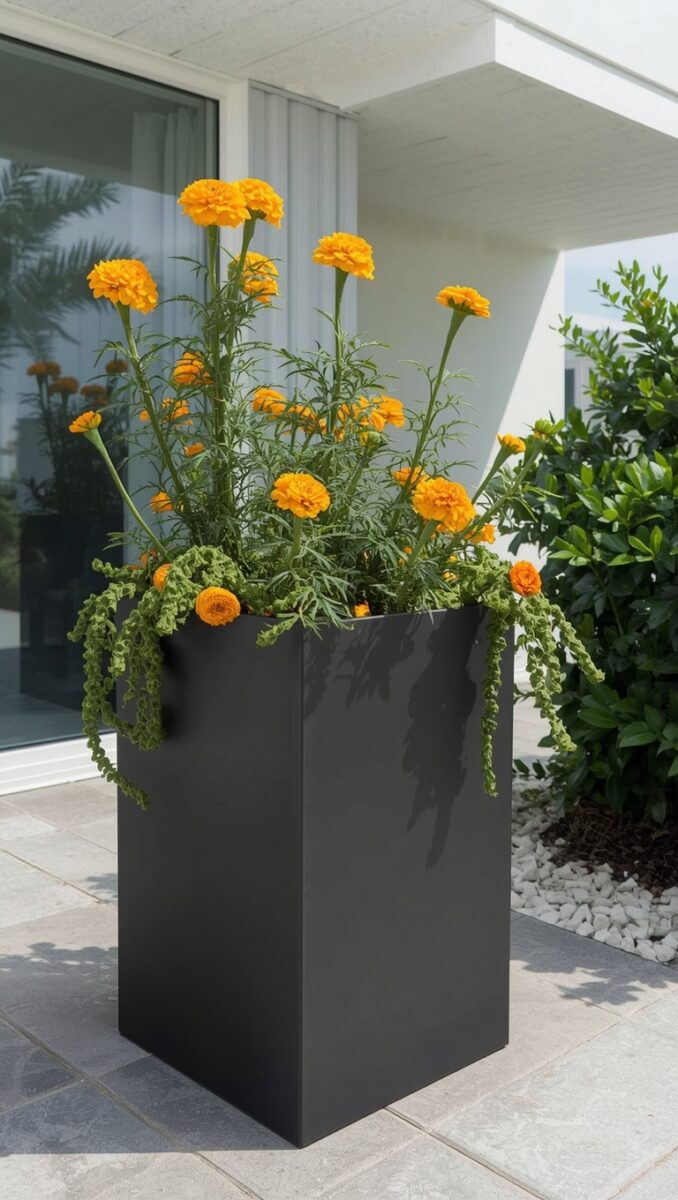 Tall black square planter with vibrant orange marigold flowers and trailing green foliage on modern patio