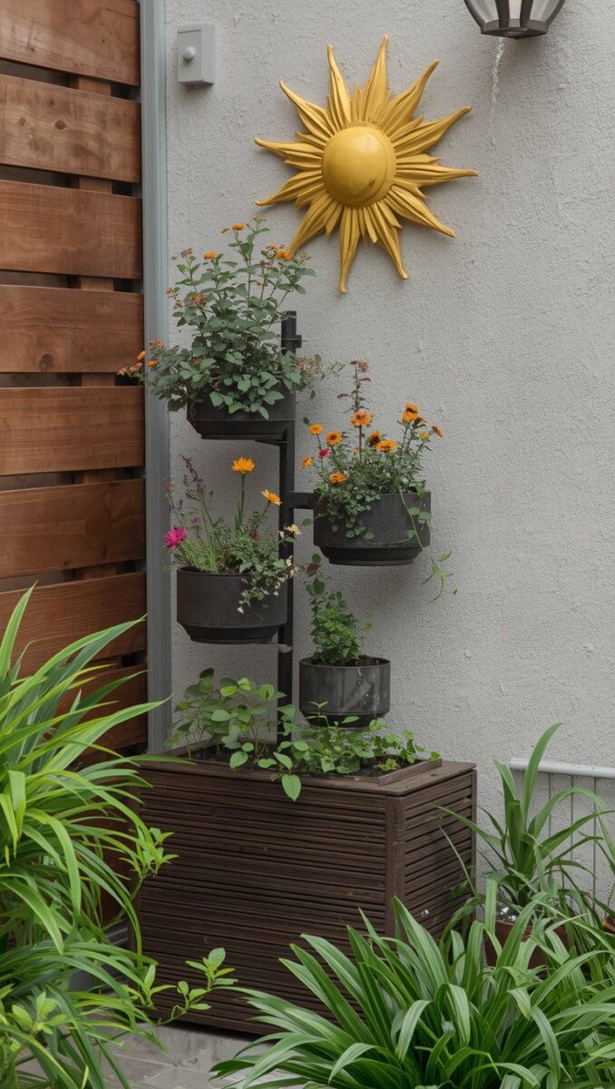 Vertical garden with black tiered planters holding colorful flowers on a pole, golden sun wall art on gray stucco wall