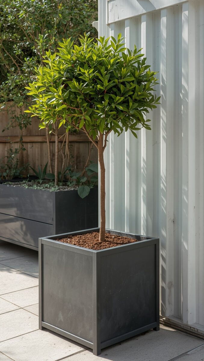 Small standard topiary tree in a modern dark gray square metal planter on a tiled patio
