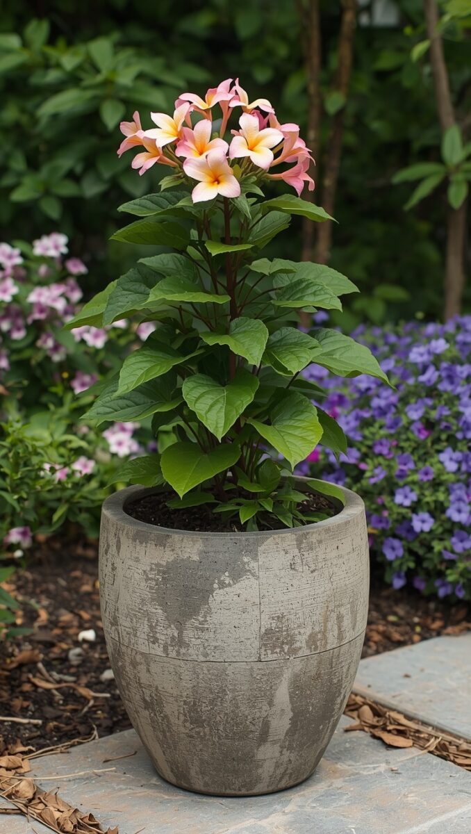 Pink and yellow plumeria frangipani plant blooming in a gray concrete pot in a garden setting
