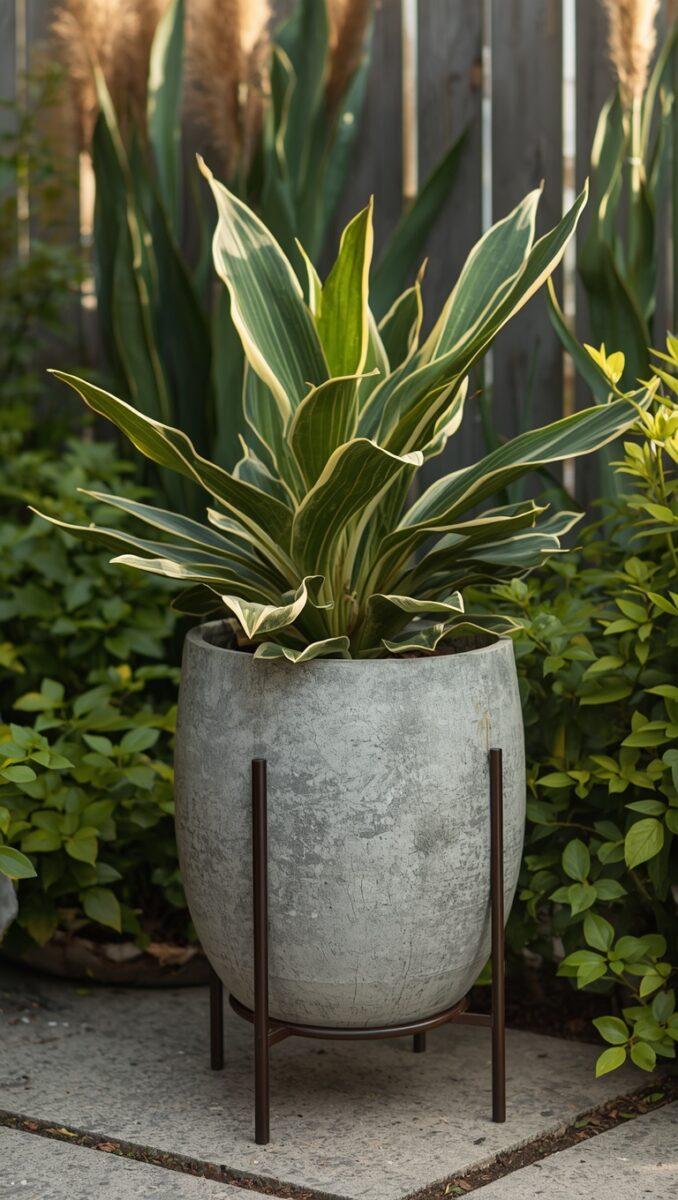 Variegated Dracaena plant in large concrete pot on metal stand in outdoor garden setting