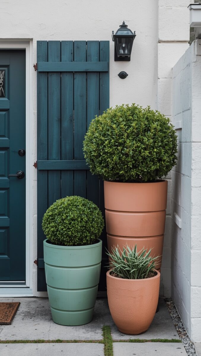 Teal front door with teal wooden shutter, sage green and terracotta pots with round boxwood topiaries on white stucco porch