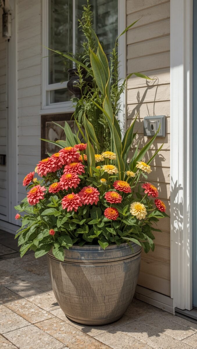 Large ceramic planter with red and yellow zinnias and tall green spiky plants on a sunny patio near a house entrance