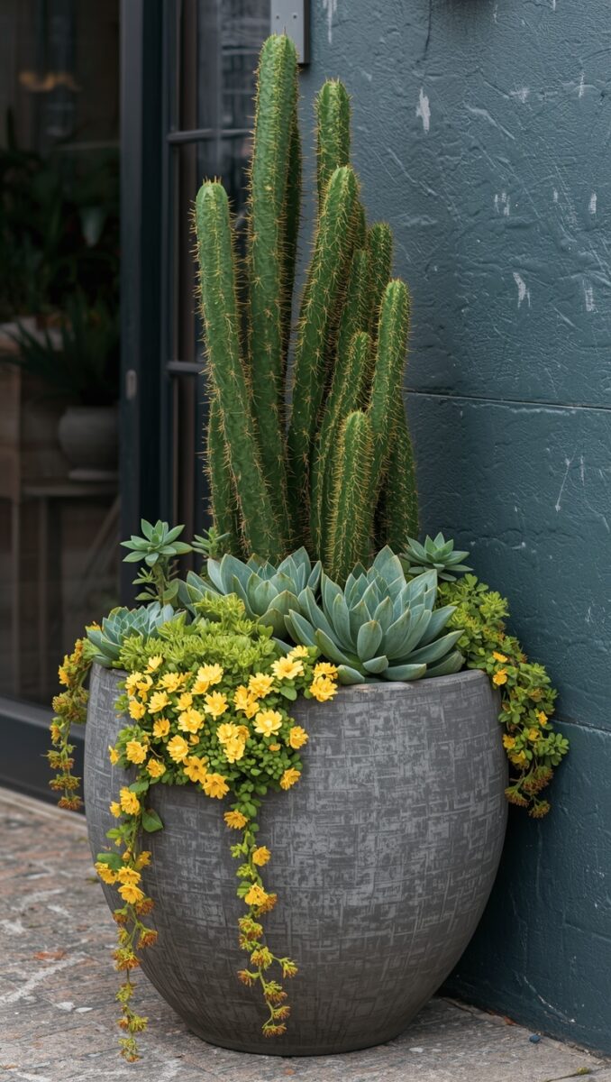 Large gray textured pot with tall columnar cactus, blue-green echeveria succulents, and cascading yellow flowering plants