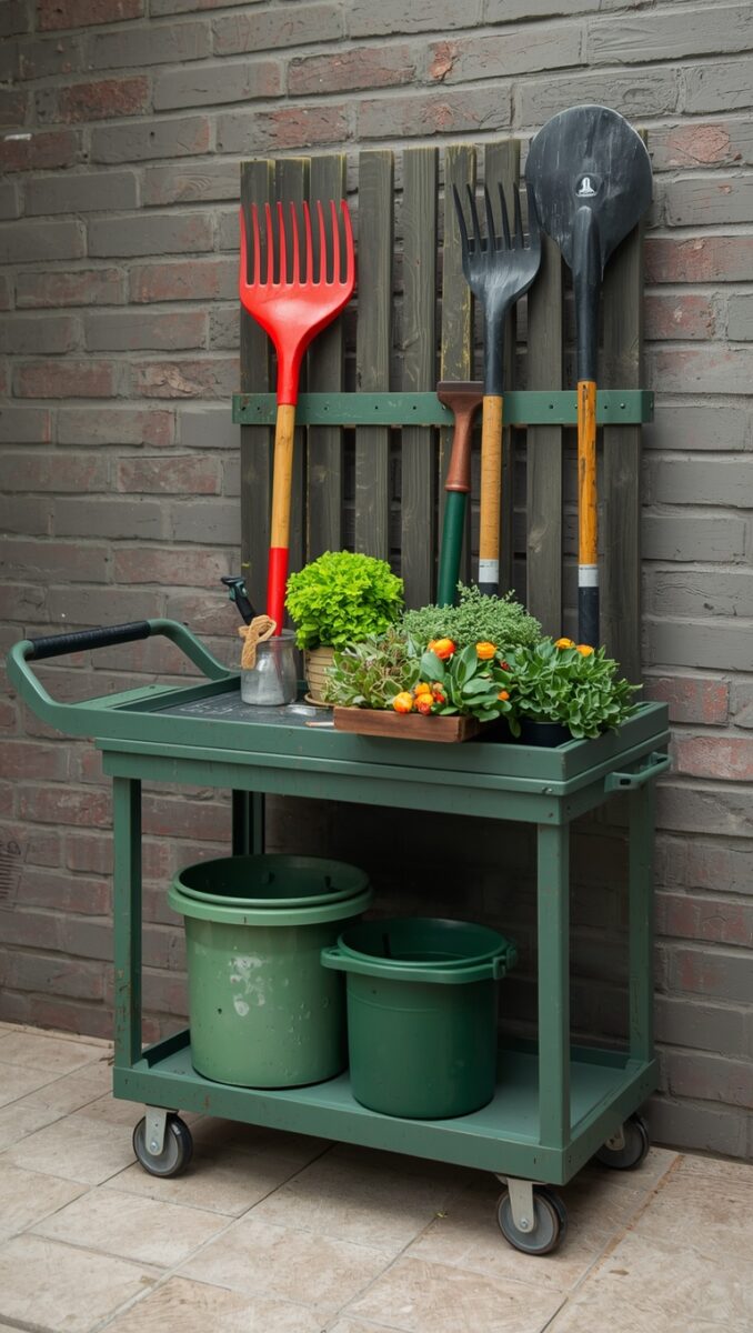 Green rolling utility cart with garden tools including red rake and shovel mounted on wooden pallet backdrop with potted plants