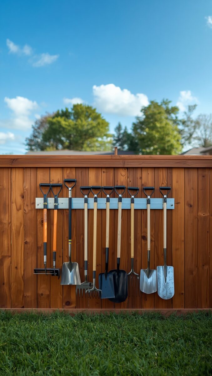 Garden tools including shovels, spades, and a pitchfork organized on a wall-mounted rack on a cedar wood fence