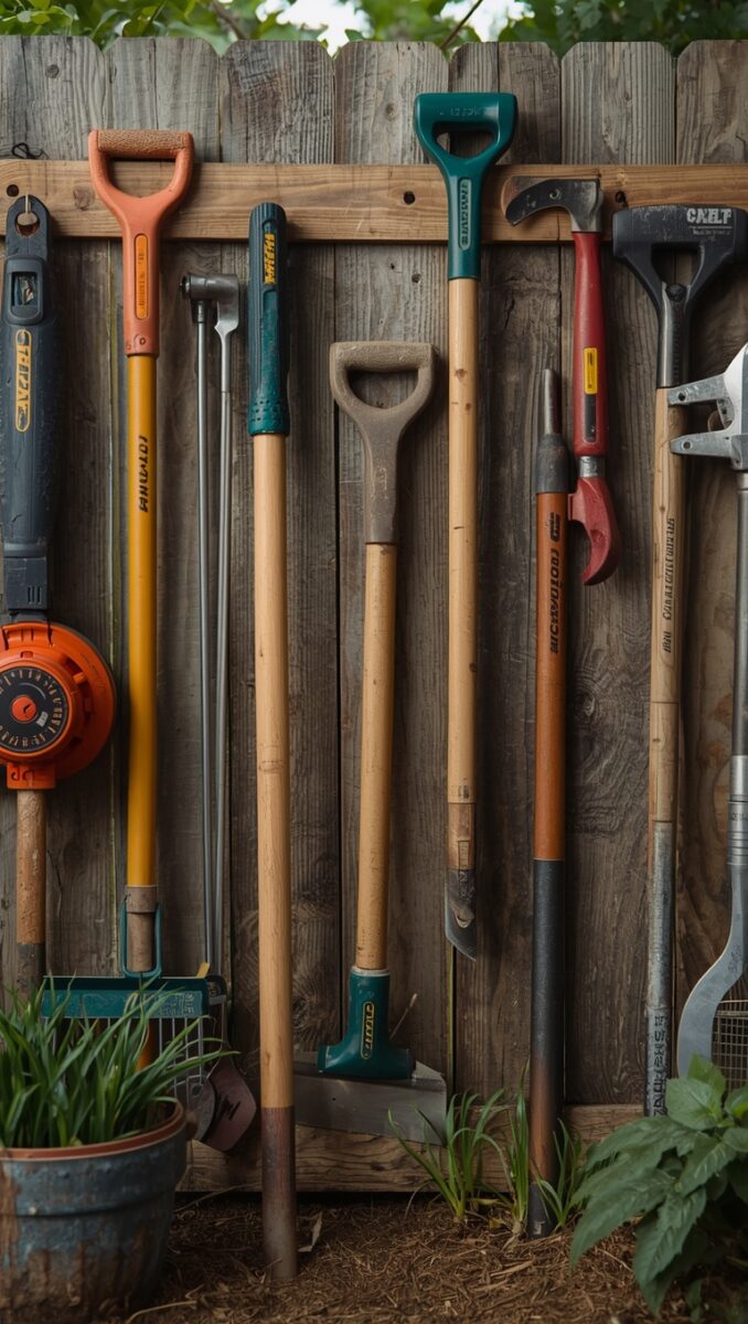 Collection of garden tools including shovels, hoes, and string trimmer organized against a rustic wooden fence