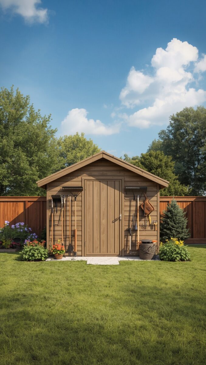 Wooden garden shed with tools mounted on exterior walls, surrounded by flowers and green lawn in a backyard