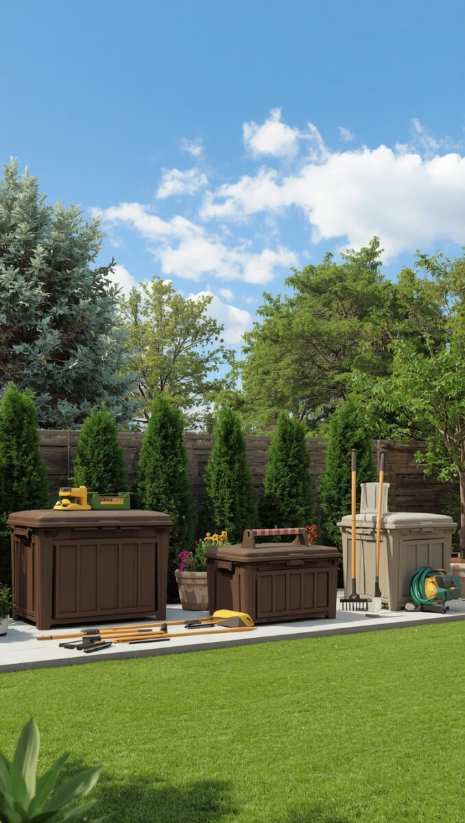 Outdoor backyard storage deck boxes with garden tools, green lawn, evergreen shrubs, and blue sky