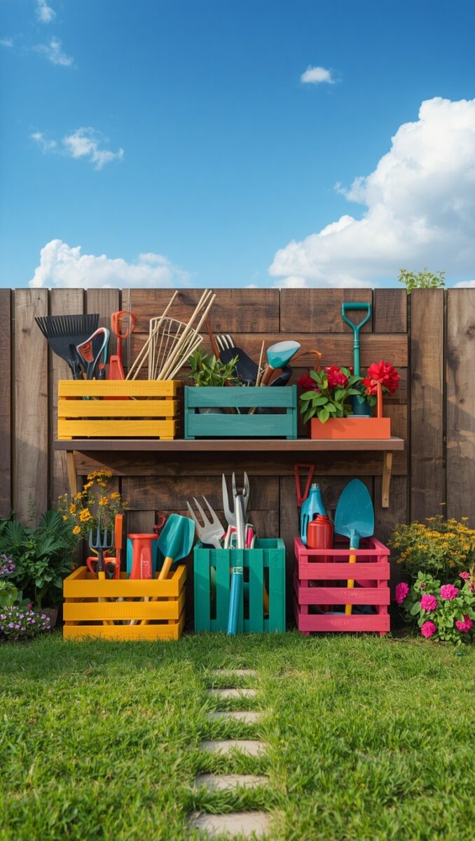 Colorful yellow, teal, and pink wooden crates filled with garden tools arranged against a wooden fence in a sunny backyard