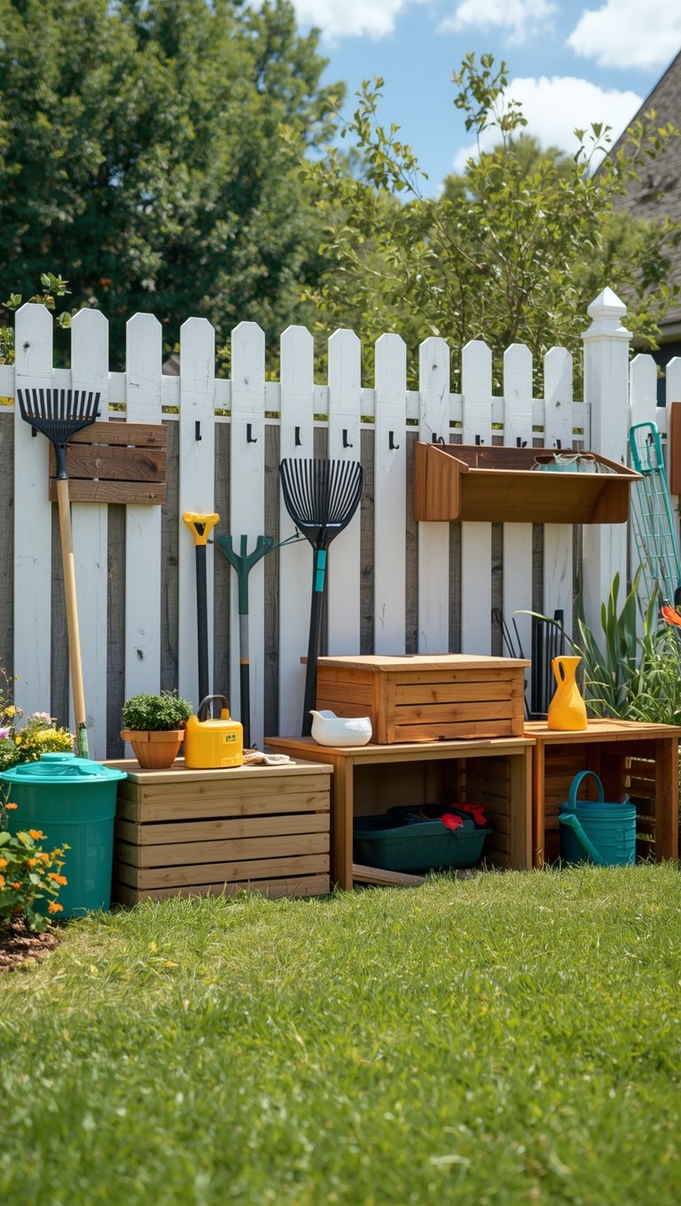 Organized backyard garden tool storage area with wooden boxes, hanging rakes, colorful watering cans against white picket fence