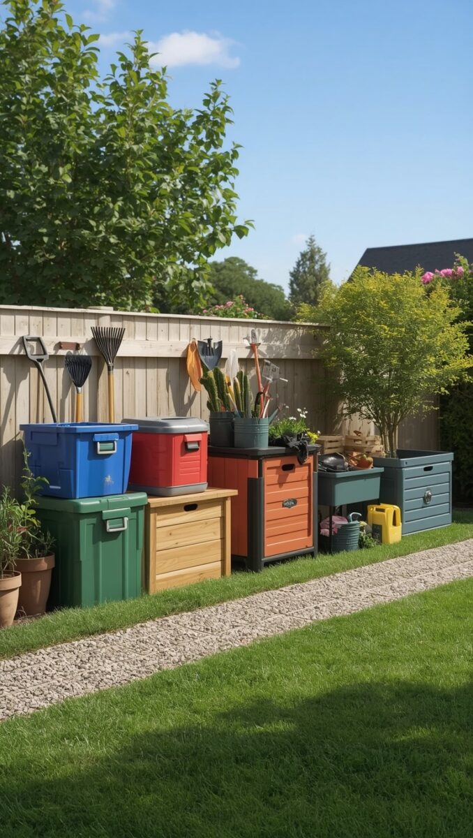 Colorful outdoor storage bins and wooden deck box with garden tools hanging on wooden fence in backyard