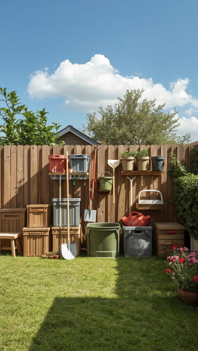 Organized backyard garden storage area with tools, buckets, wooden crates, and shelves mounted on a wooden fence