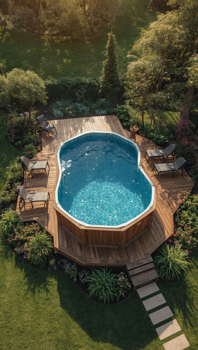 Aerial view of an oval above-ground pool with wooden deck surround, lounge chairs, and lush garden landscaping
