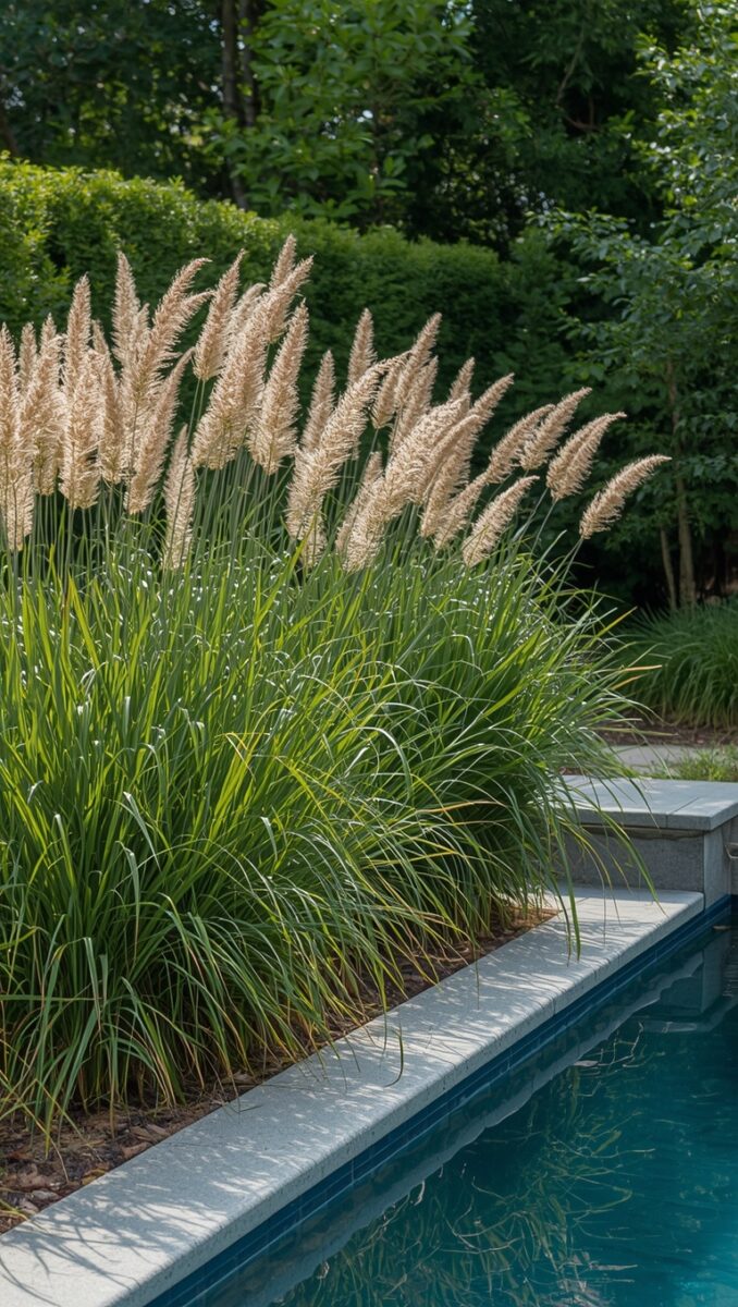 Tall ornamental pampas grass with feathery plumes planted along the edge of a blue swimming pool