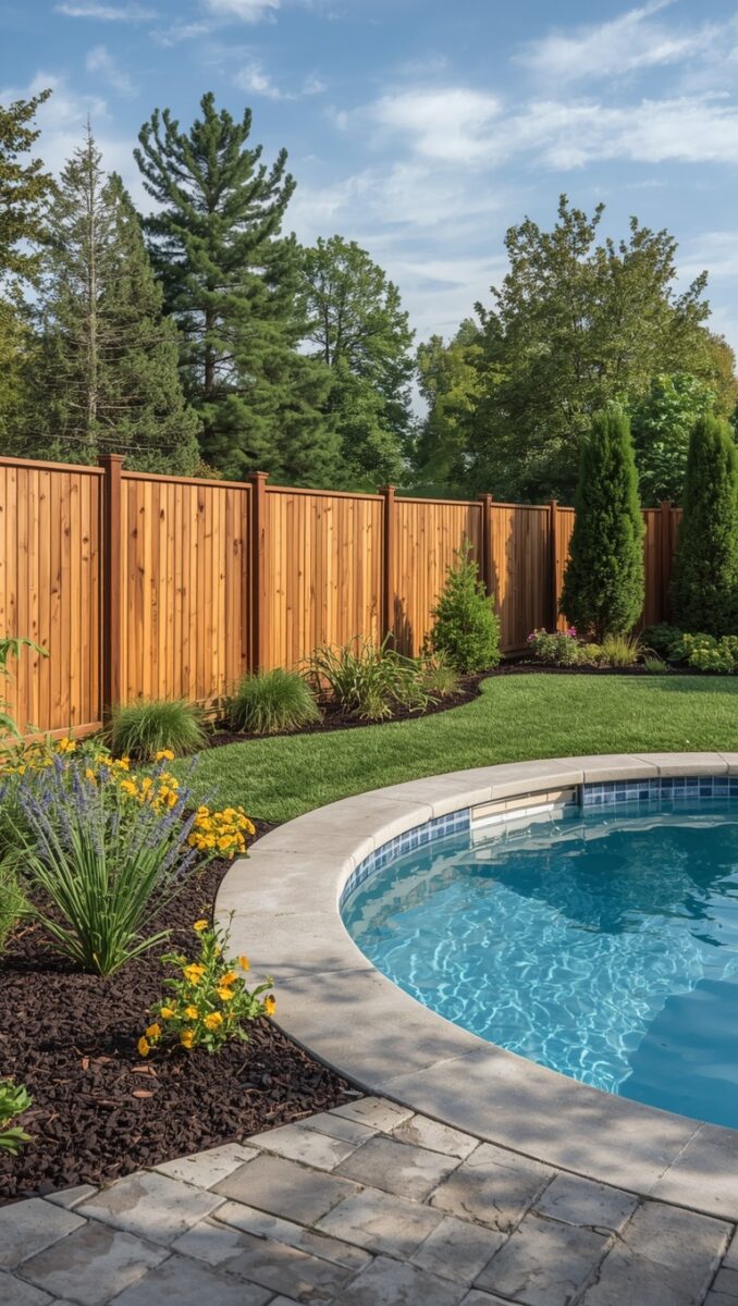 Backyard inground pool with stone coping, wood privacy fence, green lawn, evergreen shrubs, and yellow flowering plants