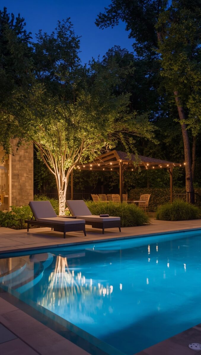 Illuminated backyard pool at night with lounge chairs, uplighted tree, and pergola with string lights