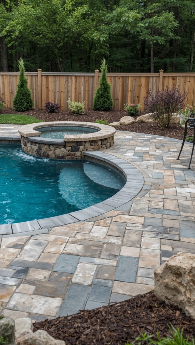 Luxury backyard pool with elevated stone spa, curved paver patio, and wooden privacy fence surrounded by landscaping