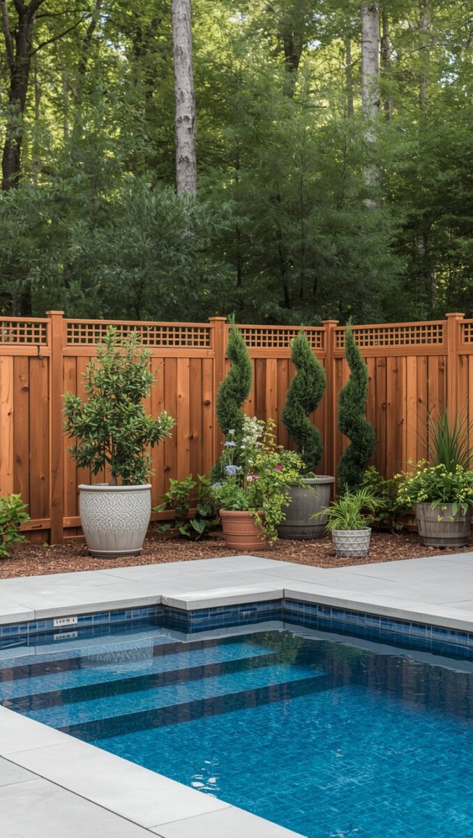 Backyard pool with cedar privacy fence, spiral topiaries, and potted plants on a stone patio