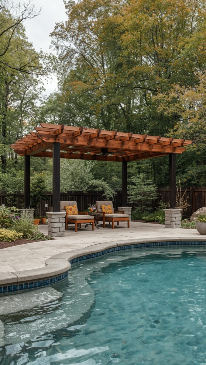 Wooden pergola with ceiling fan over patio seating area beside a curved swimming pool surrounded by trees