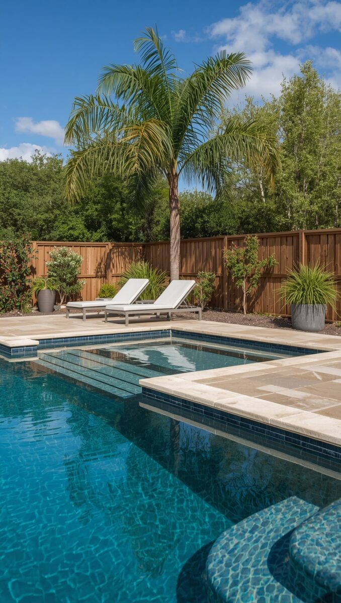 Luxury backyard pool with spa, travertine deck, lounge chairs, palm tree, and wood privacy fence