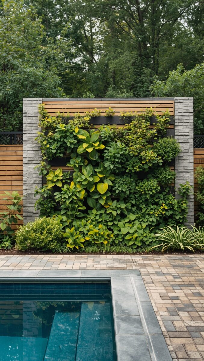 Lush vertical garden wall with stone pillars and wooden fence beside a swimming pool and brick paver patio