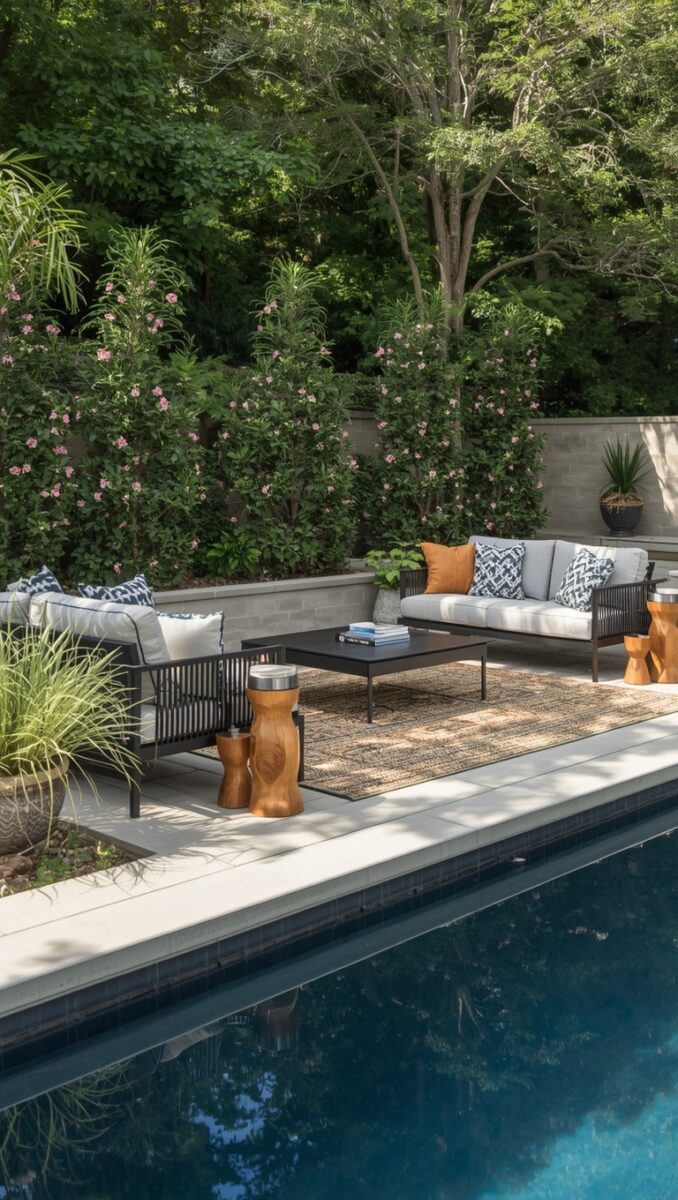 Modern outdoor poolside lounge area with black metal sofas, white cushions, wooden side tables, and lush greenery backdrop