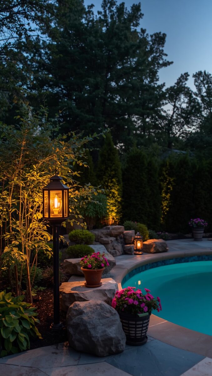 Illuminated backyard pool area at dusk with lantern post, potted pink flowers, stone landscaping, and lush trees