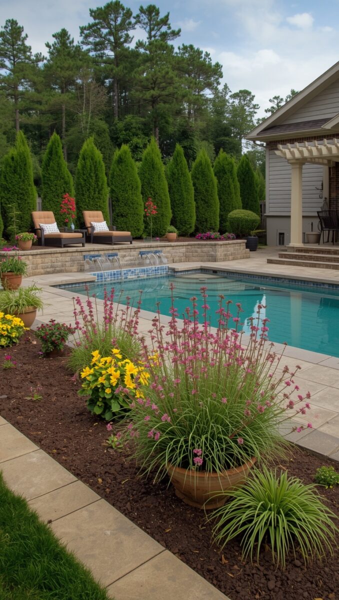 Backyard swimming pool with stone patio, lounge chairs, colorful flower beds, and tall arborvitae privacy trees