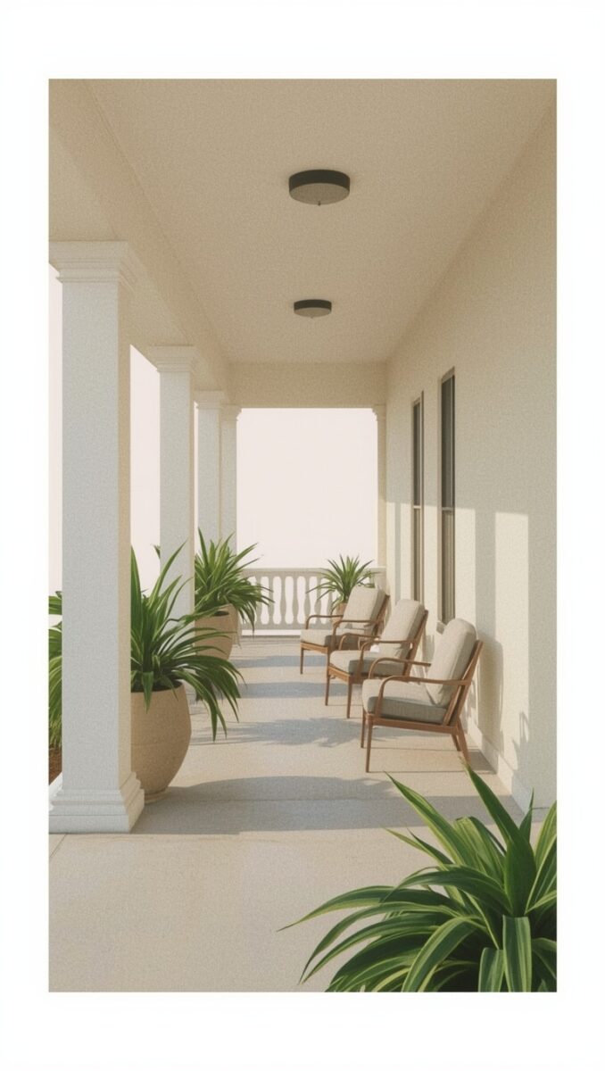 Elegant covered porch with white columns, cushioned wooden armchairs, and large tropical potted plants in neutral tones