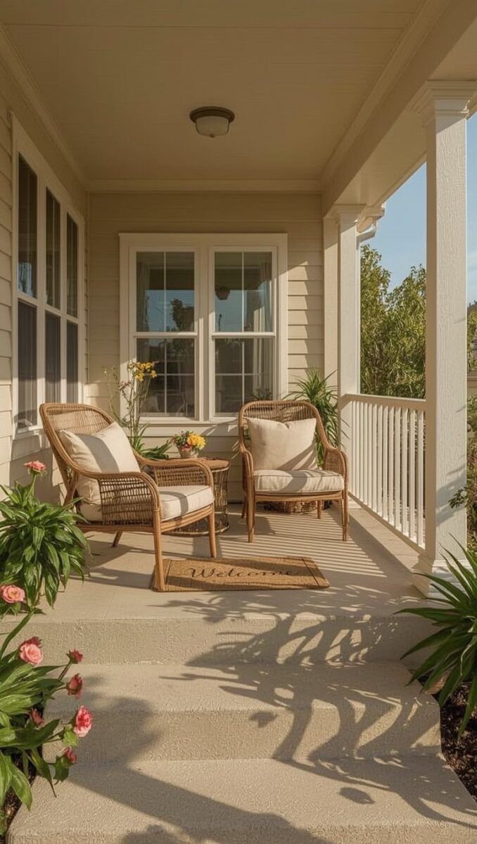 Cozy front porch with two wicker chairs, cream cushions, welcome mat, and pink flowers on a sunny day