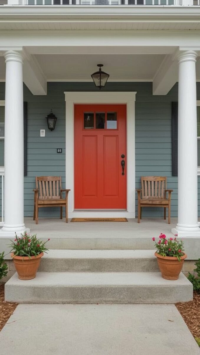 Charming front porch with bold red craftsman door, blue-gray siding, white columns, wooden chairs, and terracotta flower pots
